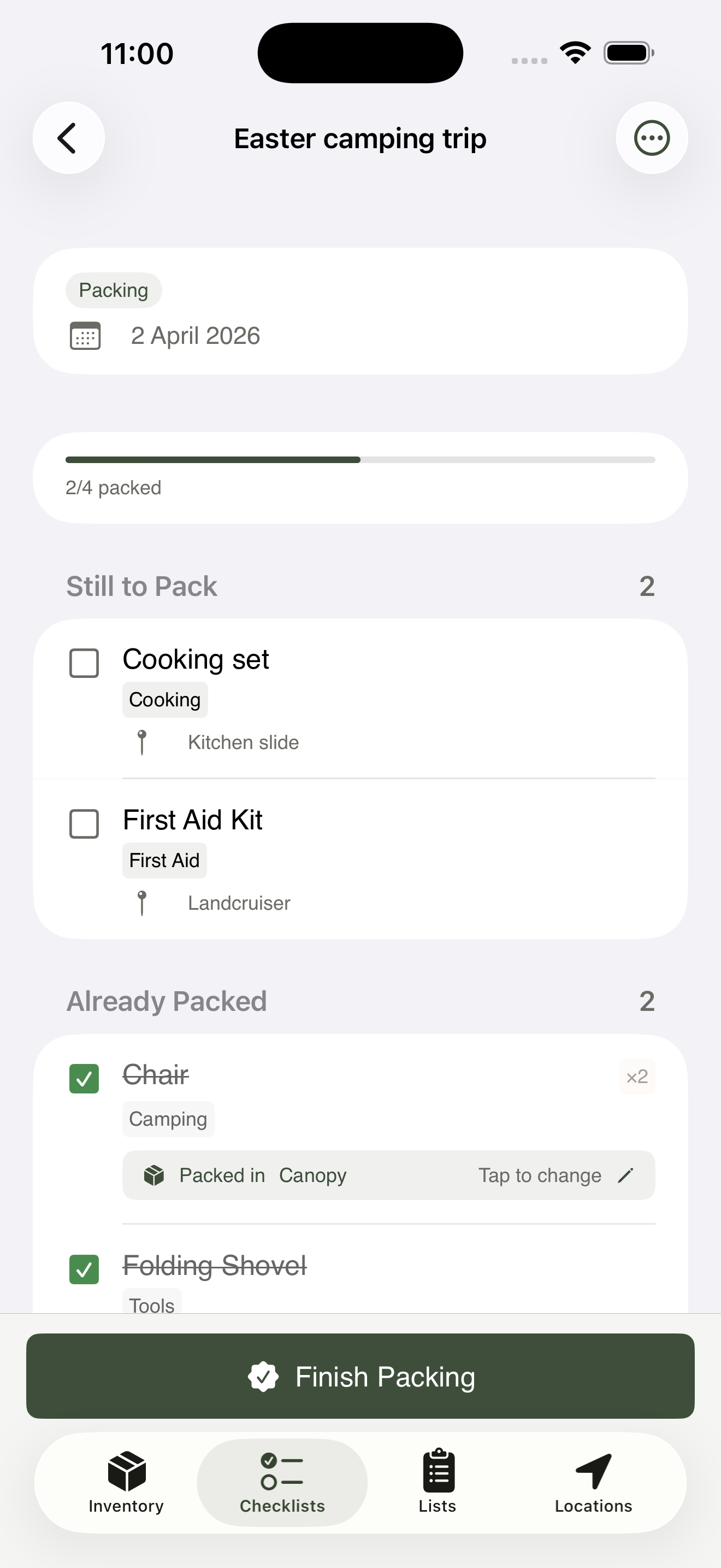 Active trip checklist split into Still to pack rows (each with a from-hint) and Already packed rows (each crossed off with a destination chip)