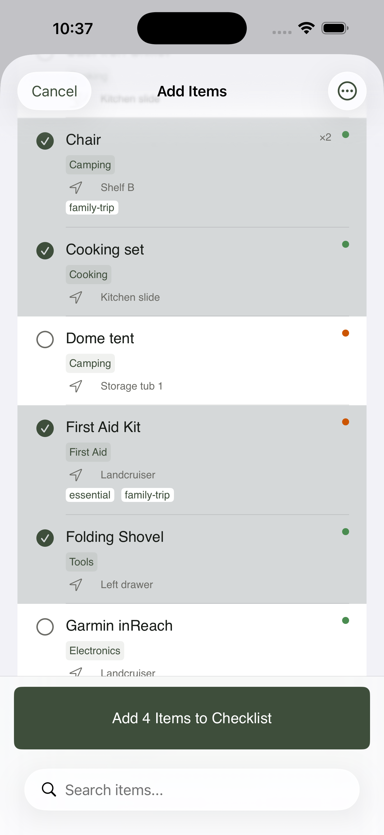 Add Items screen on a checklist showing items with a small "from" hint pointing at each one's current location