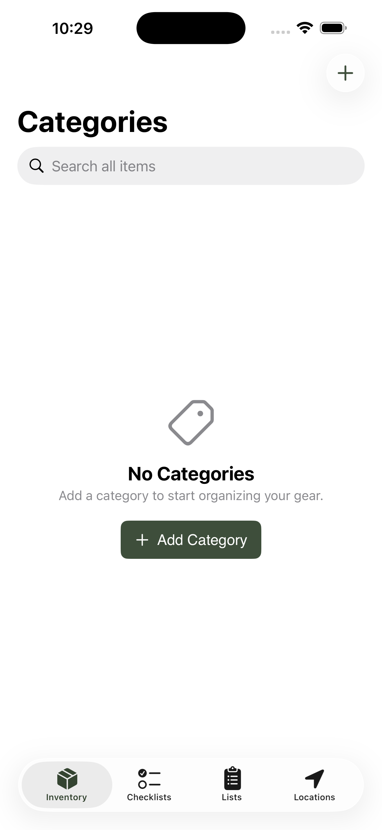 Empty Inventory tab on a fresh install, showing the empty category list and the Add Category button