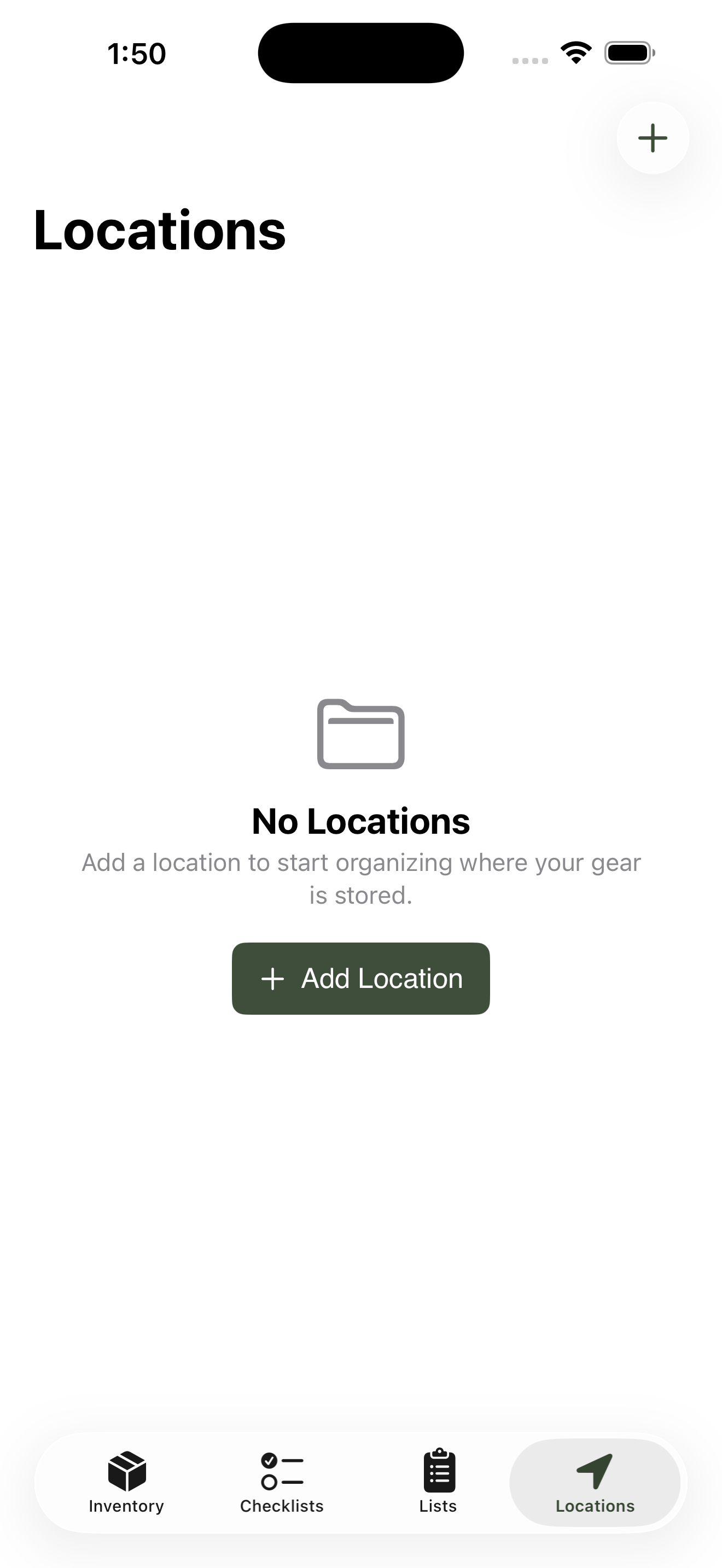 Empty Locations tab on a fresh install, with the Add Location button