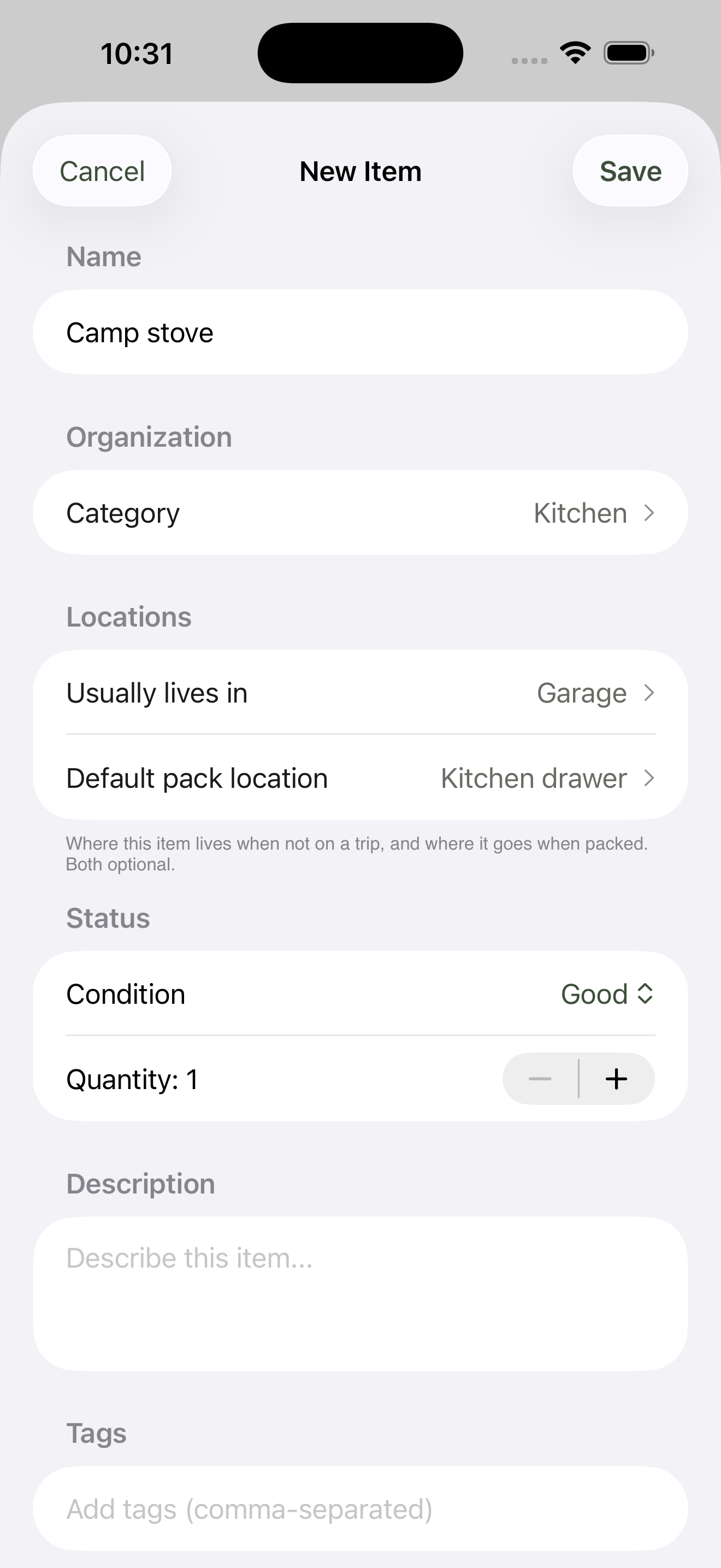 New-item form for Camp stove, filled in with category Kitchen pre-selected, Usually lives in set to Trailer > Kitchen drawer, condition Good, and one photo attached