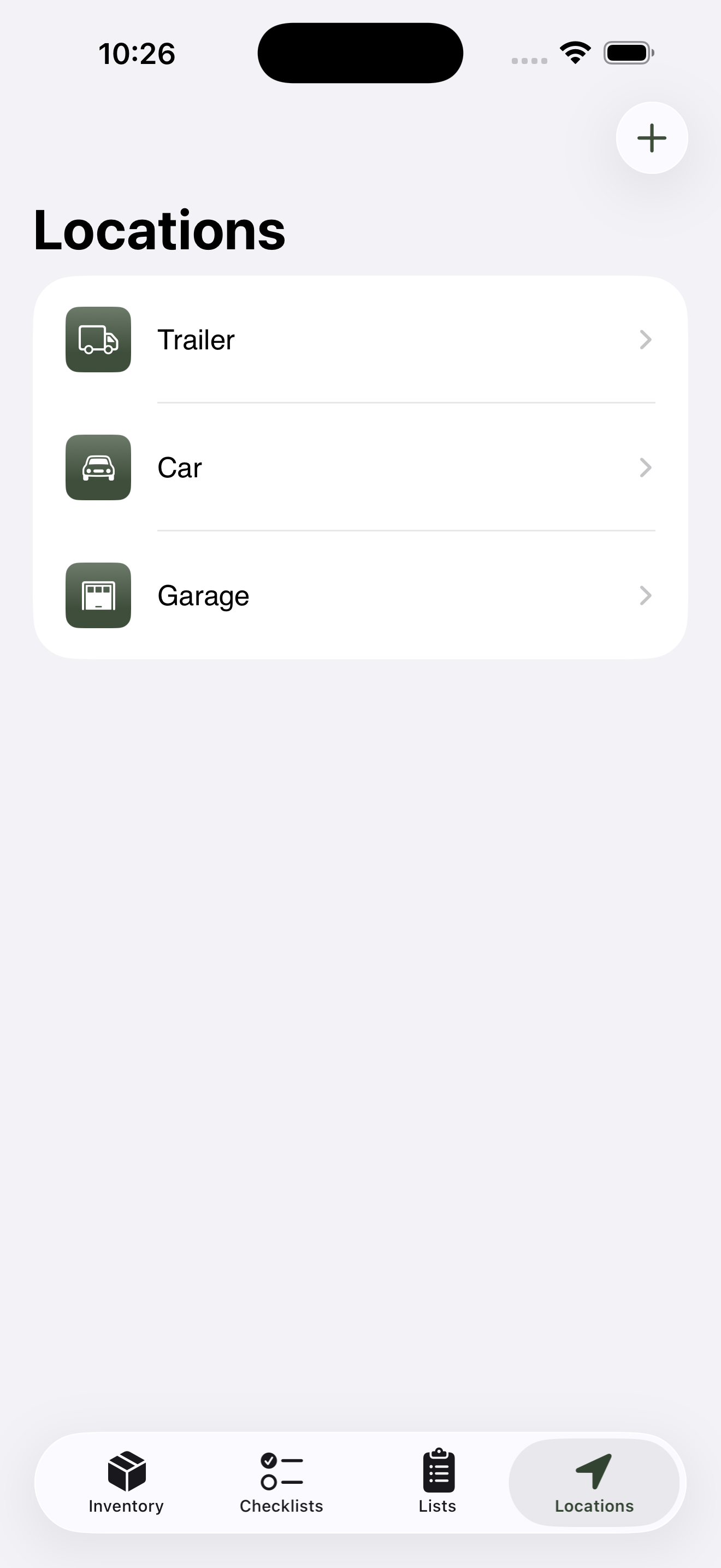 Locations tab with three top-level entries populated and the + button visible