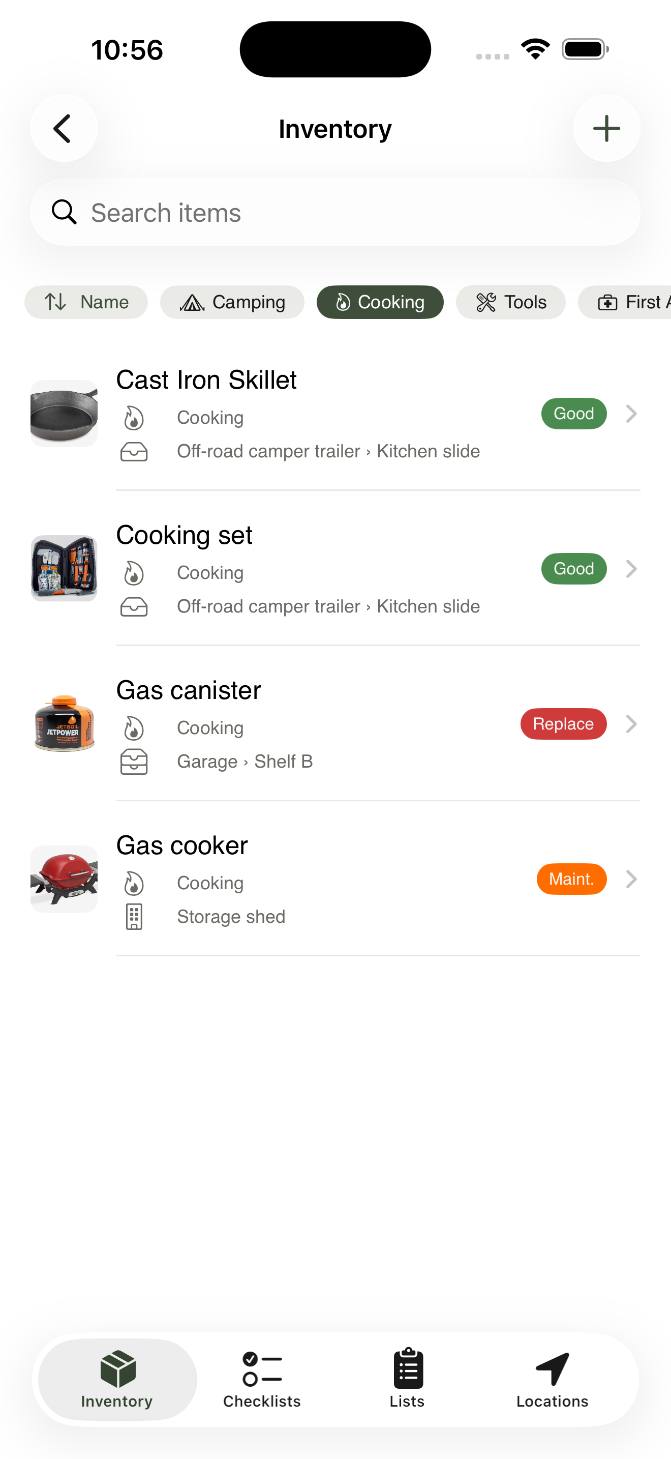Inventory list with multiple items, each showing a small coloured condition badge — Good, Fair, Needs maintenance, and Expired all visible