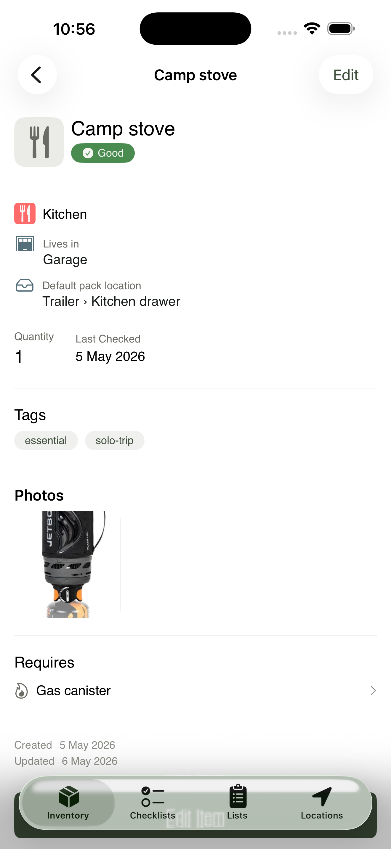 Full item form for Camp stove with every section populated: name, category, locations, condition, quantity, description, tags, notes, required items, and photos