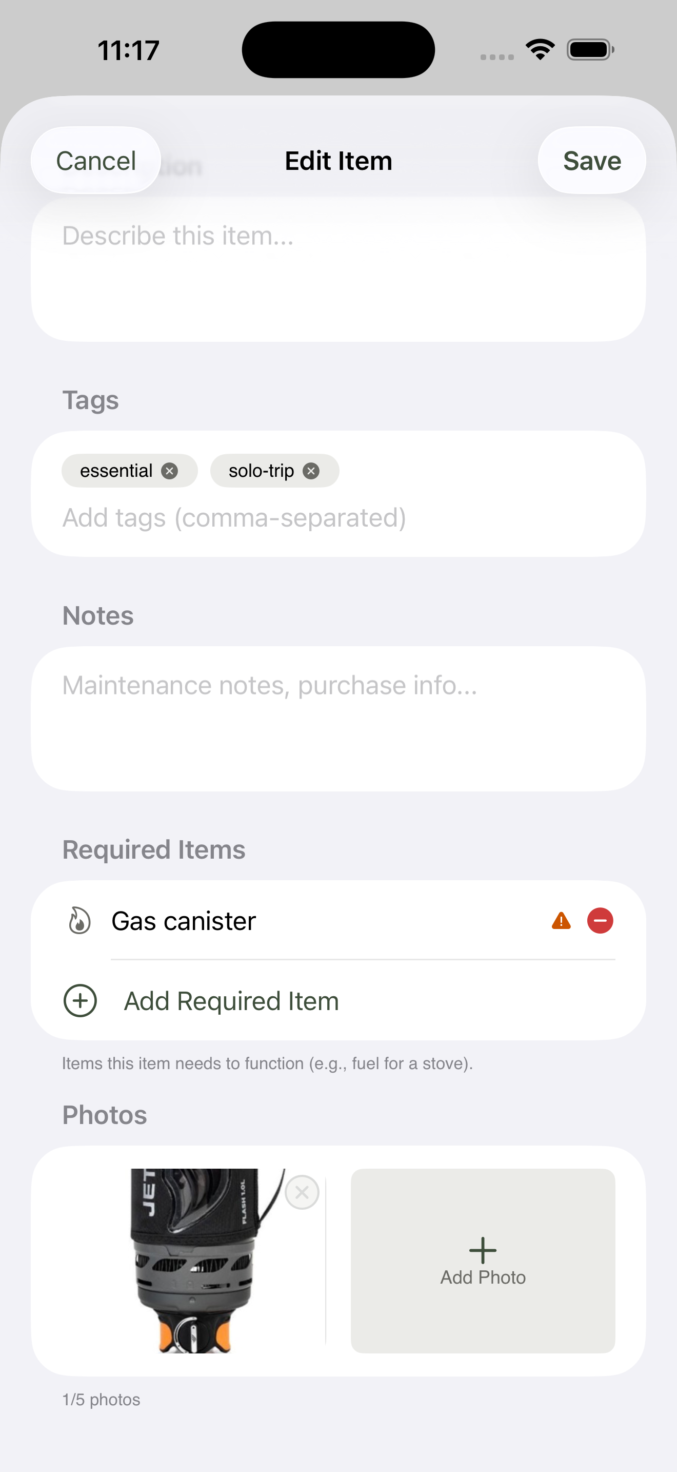 The Photos section of the item form on Camp stove: one photo attached with a small × delete button on its thumbnail, plus the labelled Add Photo tile