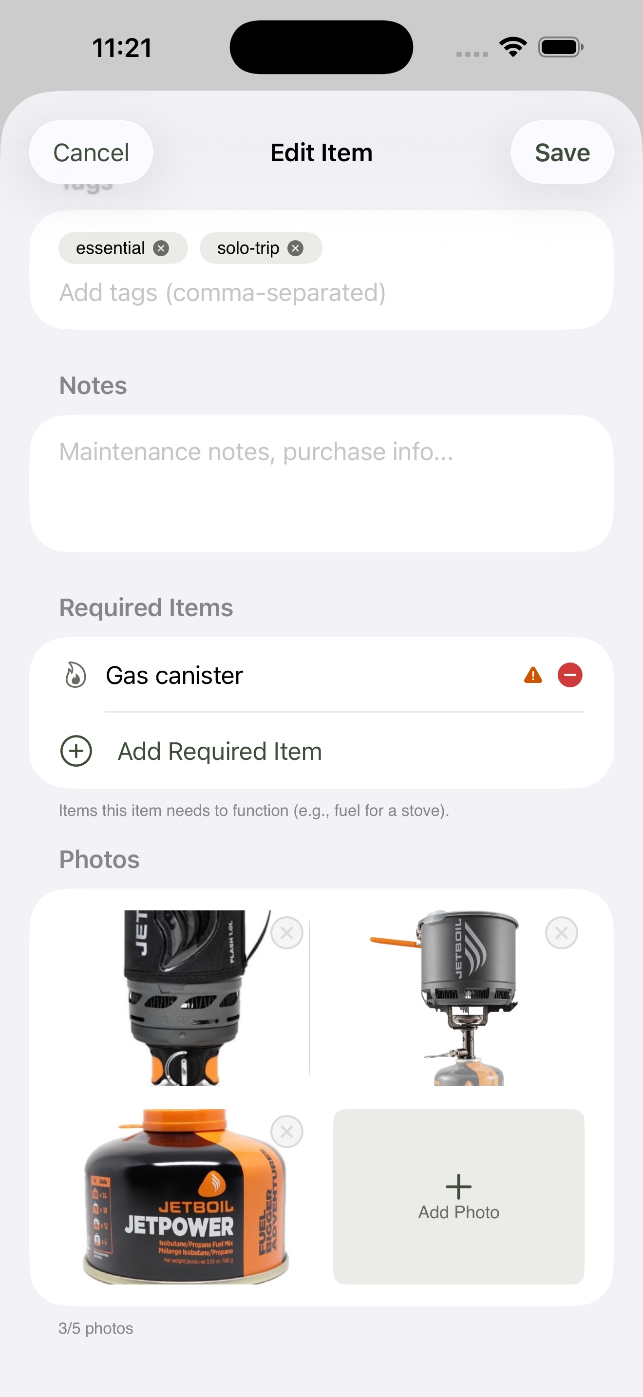 Item with five photos attached, shown in a 2-column grid in the order they were added