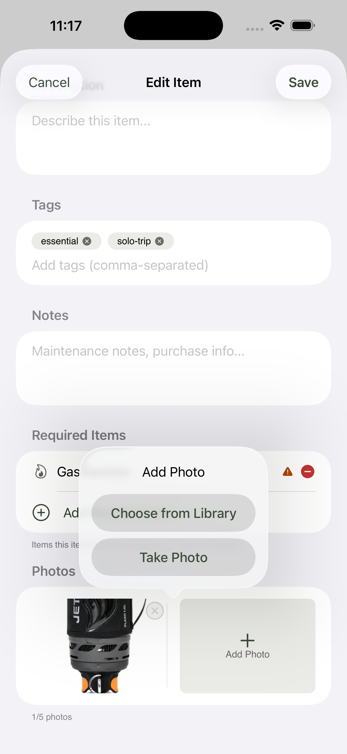 Add Photo confirmation dialog with two options: Take Photo and Choose from Library